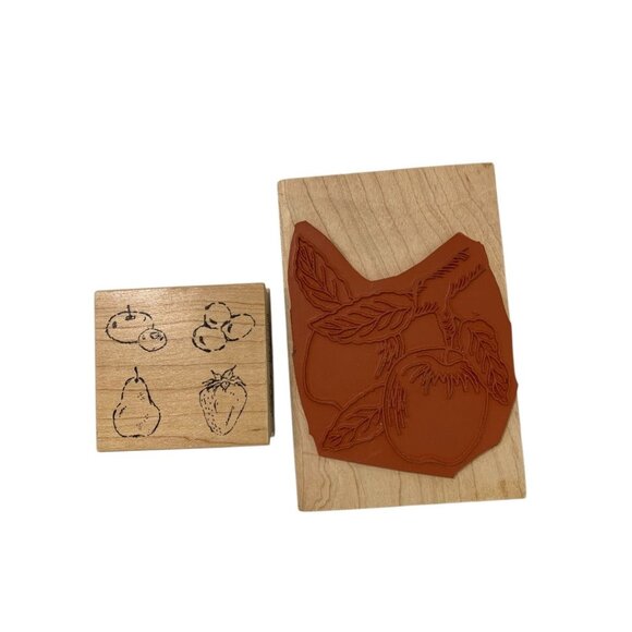 Lot of 2 Rubber Stamps Craft Fruits Apple Strawberry Pear Blueberry - Picture 1 of 6